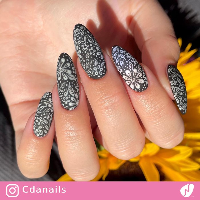 Black Nails with Flower Design